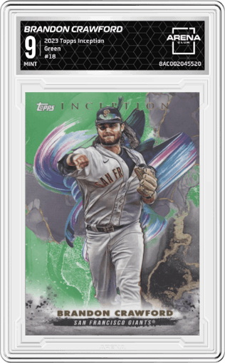 Brandon Crawford from the 2023 Topps Inception set featuring a Green parallel graded by Arena Club and given an overall grade of 9.