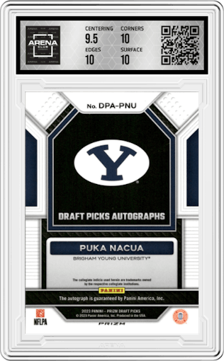 Puka Nacua from the 2023 Panini Prizm Draft Picks set featuring a Gold Ice parallel graded by Arena Club and given an overall grade of 10.