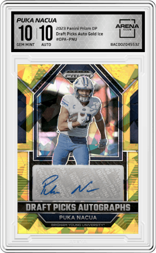 Puka Nacua from the 2023 Panini Prizm Draft Picks set featuring a Gold Ice parallel graded by Arena Club and given an overall grade of 10.