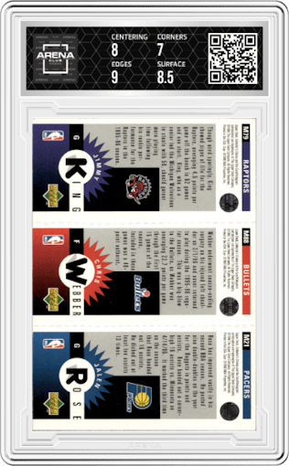 Jalen Rose//Chris Webber/Jimmy King from the 1996-97 Upper Deck Collector's Choice set graded by Arena Club and given an overall grade of 7.5.