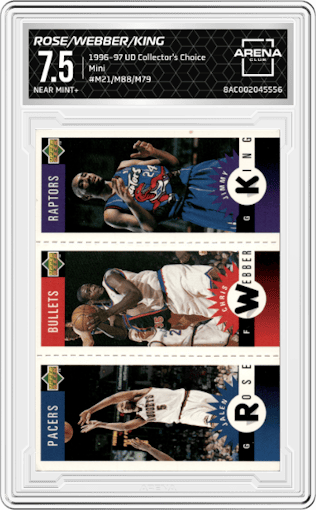 Jalen Rose//Chris Webber/Jimmy King from the 1996-97 Upper Deck Collector's Choice set graded by Arena Club and given an overall grade of 7.5.