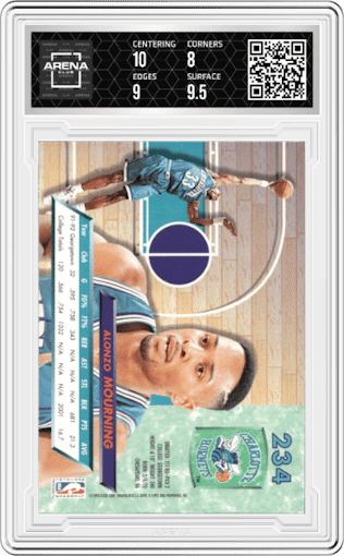 Alonzo Mourning from the 1992-93 Fleer Ultra set graded by Arena Club and given an overall grade of 8.5.