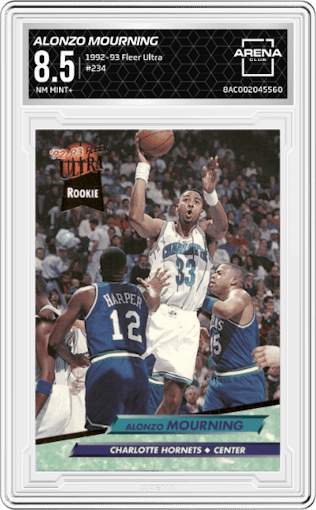 Alonzo Mourning from the 1992-93 Fleer Ultra set graded by Arena Club and given an overall grade of 8.5.