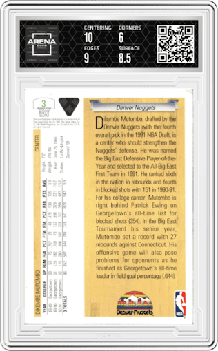 Dikembe Mutombo from the 1991-92 Upper Deck set graded by Arena Club and given an overall grade of 6.5.