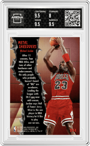 Michael Jordan from the 1996-97 Fleer Metal  set graded by Arena Club and given an overall grade of 8.5.
