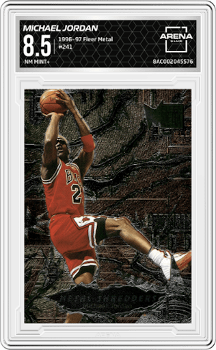 Michael Jordan from the 1996-97 Fleer Metal  set graded by Arena Club and given an overall grade of 8.5.