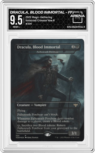 Dracula, Blood Immortal - Falkenrath Forebear from the 2021 Magic-Gathering set featuring a Rare parallel graded by Arena Club and given an overall grade of 9.5.