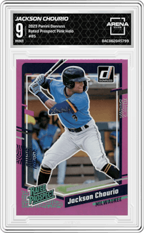 Jackson Chourio from the 2023 Panini Donruss set featuring a Pink Holo parallel graded by Arena Club and given an overall grade of 9.