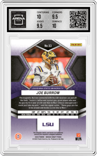 Joe Burrow from the 2023 Panini Mosaic Draft Picks set graded by Arena Club and given an overall grade of 10.