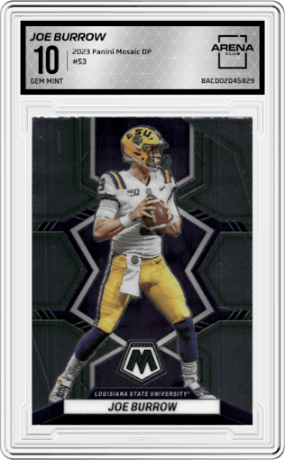 Joe Burrow from the 2023 Panini Mosaic Draft Picks set graded by Arena Club and given an overall grade of 10.