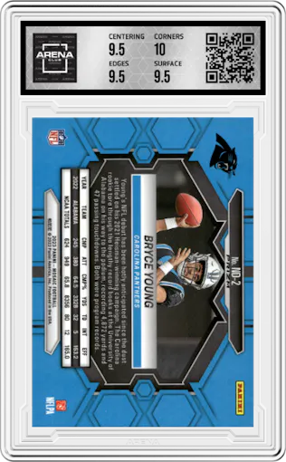 Bryce Young from the 2023 Panini Mosaic set featuring a Silver parallel graded by Arena Club and given an overall grade of 10.