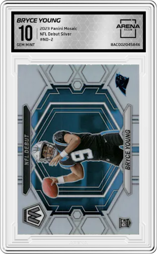 Bryce Young from the 2023 Panini Mosaic set featuring a Silver parallel graded by Arena Club and given an overall grade of 10.