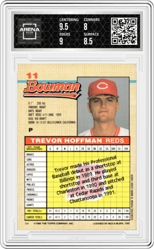 Trevor Hoffman from the 1992 Bowman set graded by Arena Club and given an overall grade of 8.5.