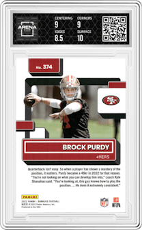 Brock Purdy from the 2022 Panini Donruss set graded by Arena Club and given an overall grade of 9.