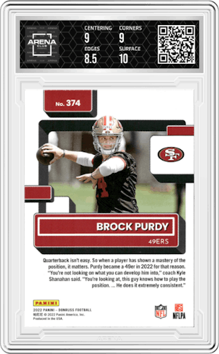 Brock Purdy from the 2022 Panini Donruss set graded by Arena Club and given an overall grade of 9.