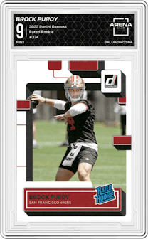 Brock Purdy from the 2022 Panini Donruss set graded by Arena Club and given an overall grade of 9.