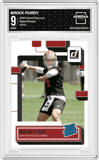 Brock Purdy from the 2022 Panini Donruss set graded by Arena Club and given an overall grade of 9.