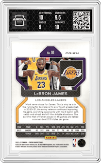 LeBron James from the 2021-22 Panini Prizm  set featuring a Red/White/Blue Prizm parallel graded by Arena Club and given an overall grade of 9.5.