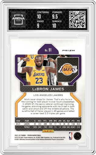 LeBron James from the 2021-22 Panini Prizm  set featuring a Red/White/Blue Prizm parallel graded by Arena Club and given an overall grade of 9.5.