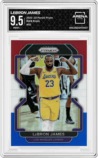 LeBron James from the 2021-22 Panini Prizm  set featuring a Red/White/Blue Prizm parallel graded by Arena Club and given an overall grade of 9.5.