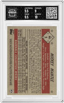 Mickey Mantle from the 2021 Topps X Mickey Mantle Collection set graded by Arena Club and given an overall grade of 9.5.