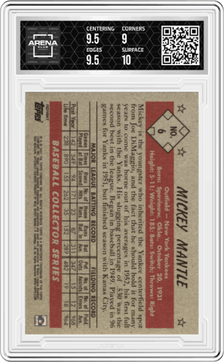 Mickey Mantle from the 2021 Topps X Mickey Mantle Collection set graded by Arena Club and given an overall grade of 9.5.