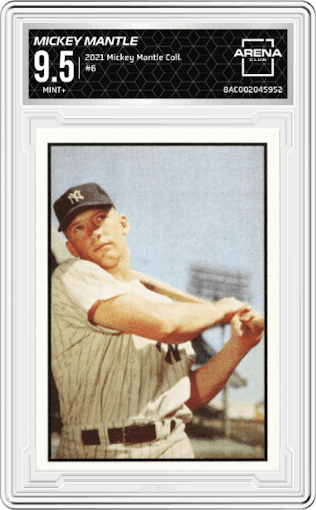 Mickey Mantle from the 2021 Topps X Mickey Mantle Collection set graded by Arena Club and given an overall grade of 9.5.