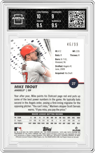 Mike Trout from the 2023 Topps Pristine set featuring a Purple Refractor parallel graded by Arena Club and given an overall grade of 9.5.