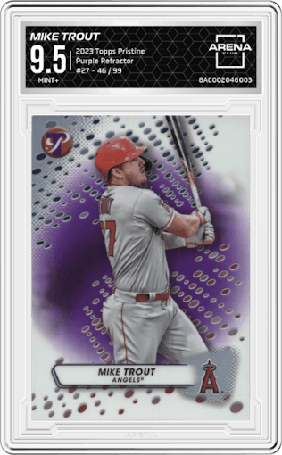 Mike Trout from the 2023 Topps Pristine set featuring a Purple Refractor parallel graded by Arena Club and given an overall grade of 9.5.