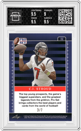 C.J. Stroud from the 2023 Pro Set Metal set featuring a Purple Mojo parallel graded by Arena Club and given an overall grade of 9.5.