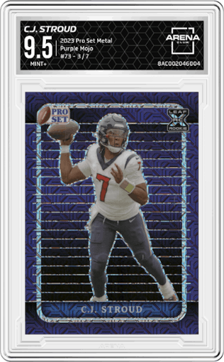 C.J. Stroud from the 2023 Pro Set Metal set featuring a Purple Mojo parallel graded by Arena Club and given an overall grade of 9.5.