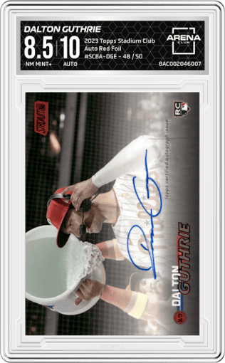 Dalton Guthrie from the 2023 Topps Stadium Club set featuring a Red Foil parallel graded by Arena Club and given an overall grade of 8.5.
