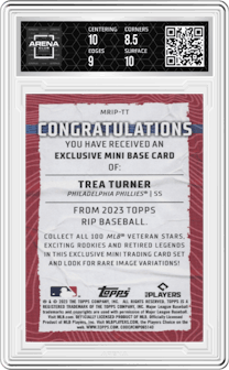 Trea Turner from the 2023 Topps Rip set featuring a Gold parallel graded by Arena Club and given an overall grade of 9.