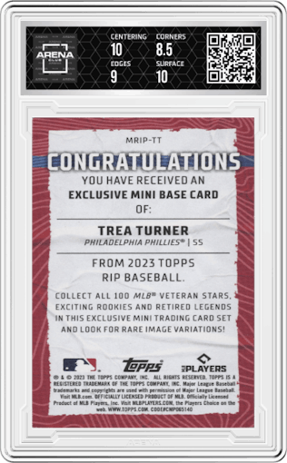 Trea Turner from the 2023 Topps Rip set featuring a Gold parallel graded by Arena Club and given an overall grade of 9.