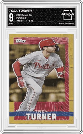 Trea Turner from the 2023 Topps Rip set featuring a Gold parallel graded by Arena Club and given an overall grade of 9.