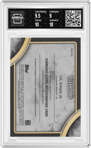 Cal Ripken Jr. from the 2023 Topps Diamond Icons set graded by Arena Club and given an overall grade of 9.5.