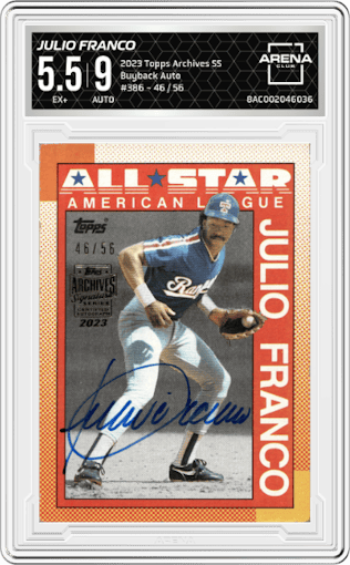 Julio Franco  from the 2023 Topps Archives Signature Series Retired Player Edition set graded by Arena Club and given an overall grade of 5.5.