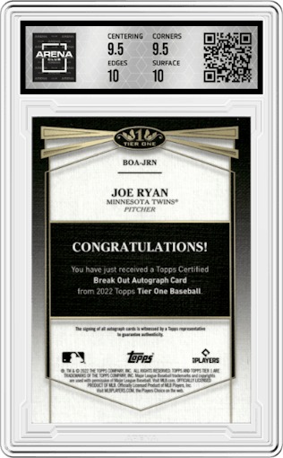 Joe Ryan from the 2022 Topps Tier One set graded by Arena Club and given an overall grade of 10.