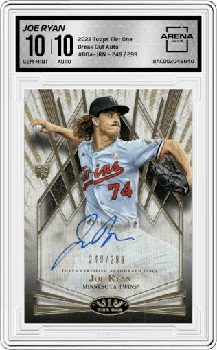 Joe Ryan from the 2022 Topps Tier One set graded by Arena Club and given an overall grade of 10.