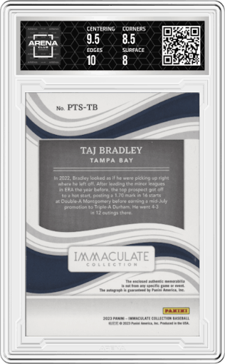 Taj Bradley from the 2023 Panini Immaculate Collection set graded by Arena Club and given an overall grade of 8.5.