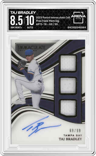Taj Bradley from the 2023 Panini Immaculate Collection set graded by Arena Club and given an overall grade of 8.5.