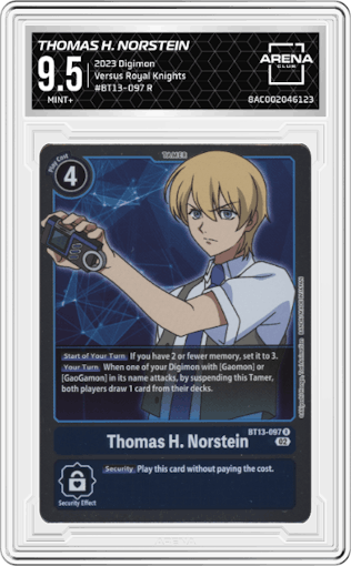 Thomas H. Norstein from the 2023 Digimon set graded by Arena Club and given an overall grade of 9.5.