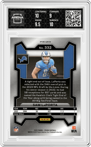 Sam LaPorta from the 2023 Panini Prizm set featuring a Purple Pulsar parallel graded by Arena Club and given an overall grade of 9.5.