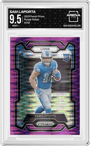 Sam LaPorta from the 2023 Panini Prizm set featuring a Purple Pulsar parallel graded by Arena Club and given an overall grade of 9.5.