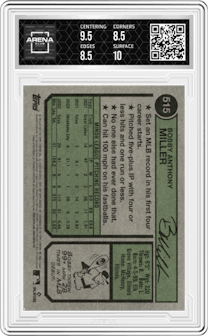 Bobby Miller from the 2023 Topps Heritage High Number  set graded by Arena Club and given an overall grade of 9.