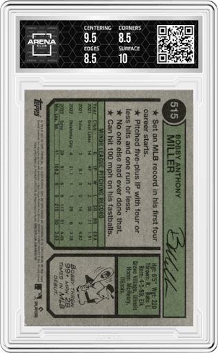 Bobby Miller from the 2023 Topps Heritage High Number  set graded by Arena Club and given an overall grade of 9.
