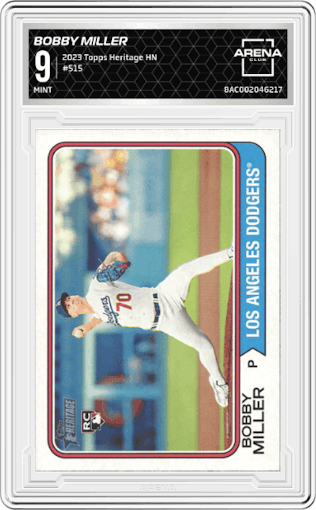 Bobby Miller from the 2023 Topps Heritage High Number  set graded by Arena Club and given an overall grade of 9.