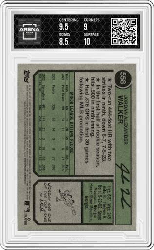 Jordan Walker from the 2023 Topps Heritage High Number  set graded by Arena Club and given an overall grade of 9.