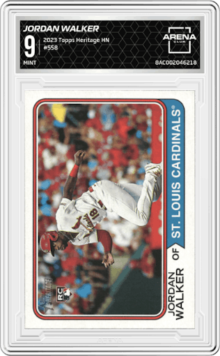 Jordan Walker from the 2023 Topps Heritage High Number  set graded by Arena Club and given an overall grade of 9.