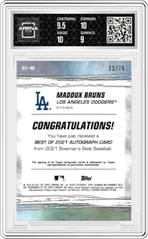 Maddux Bruns from the 2021 Bowman’s Best set featuring a Gold Lava Refractor  parallel graded by Arena Club and given an overall grade of 9.5.